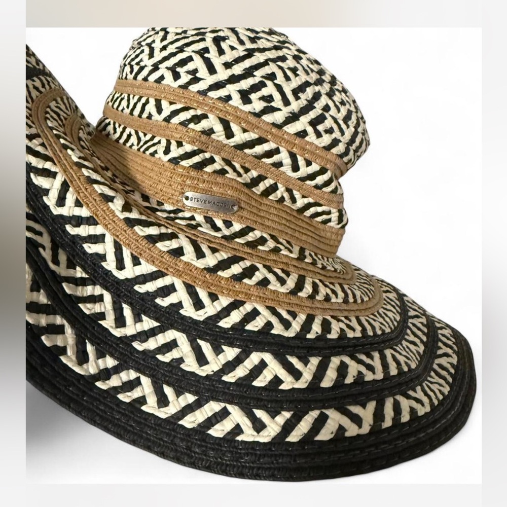 Steve Madden Black, White & Tan Woven Wide-Brim Sun Hat